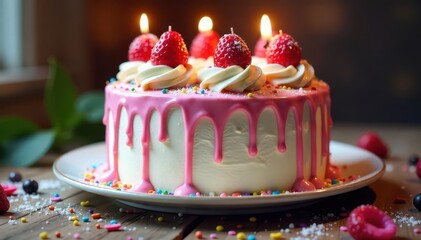 Birthday cake, melted ice cream cascading down sides, layered, celebration
