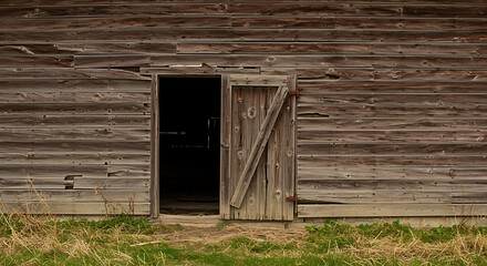 Naklejka premium Old wooden barn with open door and diagonal plank rustic