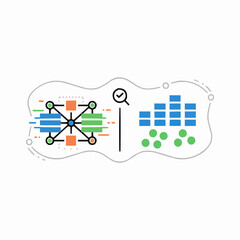 Obraz premium A vector graphic illustration of a flowchart and database design with a magnifying glass icon