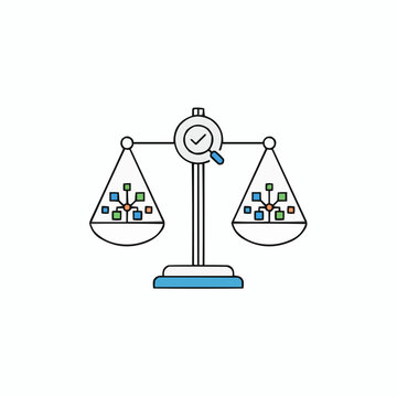 A vector graphic illustration of a scale with a clock and colorful squares representing balance and time management