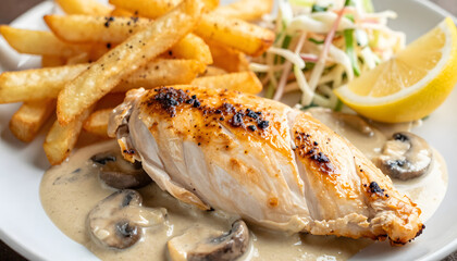 Grilled whole organic chicken presented in a close-up food photograph, served with creamy mushroom hunter sauce, sautéed mushrooms, crispy golden French fries and fresh organic coleslaw, 2.0. 