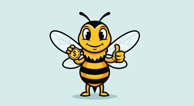 A cheerful cartoon bee character giving a thumbs-up against a light blue background with a happy and friendly mood.