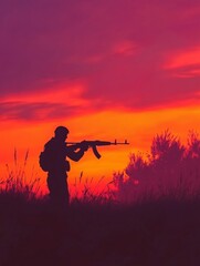 A soldier stands guard in silhouette against a vibrant sunset sky.