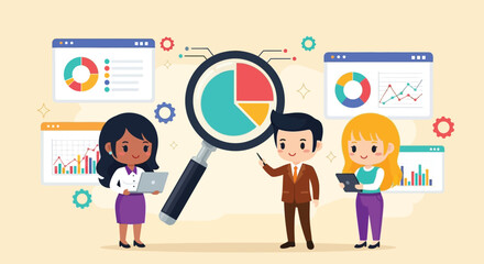 Illustration of a man and two women analyzing data on devices with a magnifying glass and colorful graphs on a beige background.