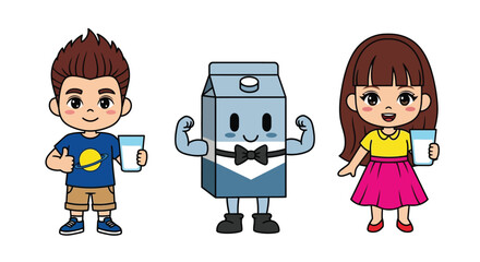 Cartoon illustration of a boy and girl holding cups with a smiling carton character in between on a white background.
