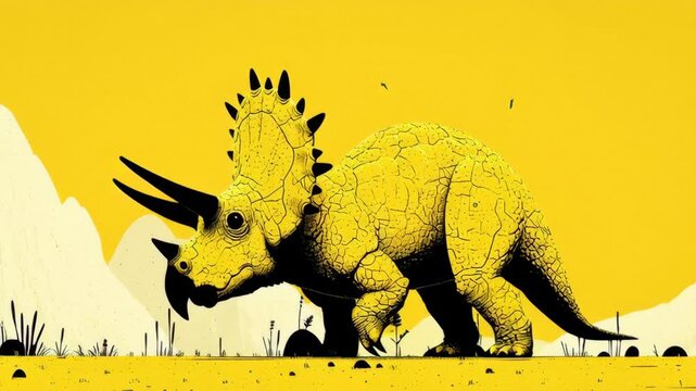 Yellow triceratops animating against minimalist mountain landscape in dynamic motion
