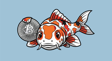 A cartoon koi fish holding a bitcoin coin in its mouth against a light blue background with a mix of orange, white, and black colors.
