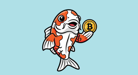 A cartoon koi fish holding a Bitcoin token against a light blue background with a mix of orange, white, and black colors.