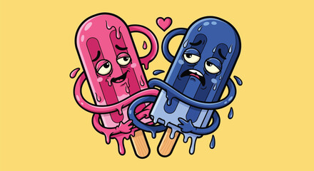Cartoon illustration of a melting pink and blue ice cream duo with facial expressions on a yellow background.
