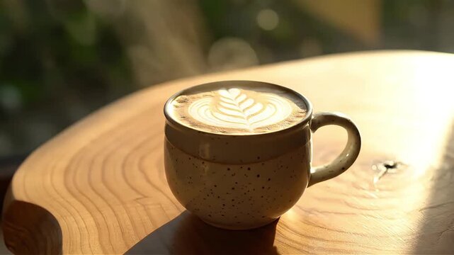 Warm morning light illuminates a latte art leaf design on creamy coffee in a rustic ceramic mug evoking feelings of cozy relaxation and mindful moments