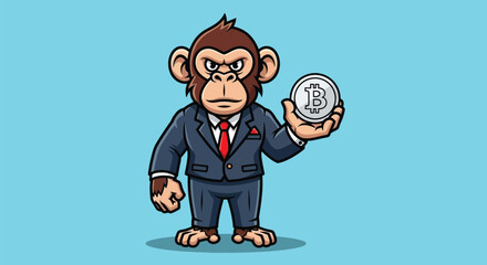 A cartoon monkey in a business suit holds a Bitcoin against a light blue background with a confident expression.