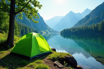 Bright green camping tent pitched near a pristine lake, surrounded by lush forest , shadow, idyllic, camping