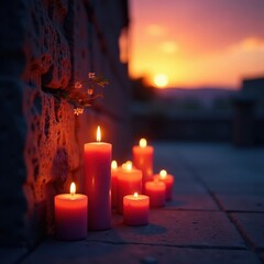 Candles flicker, illuminating floral tribute near somber wall at sunset , hope, floral