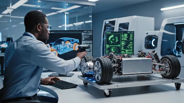 African American Engineer Inspects Electric Vehicle Chassis With Computer Displays Showing Blueprints And Data In A Modern Laboratory
