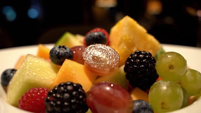 A vibrant and colorful close-up of a fresh fruit salad featuring various berries, melons, grapes, and pineapple chunks in a white bowl.