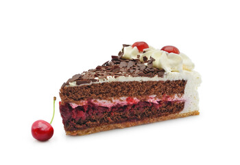 Black Forest gateau or Schwarzwalder, cocoa cake with cherries, whipped cream and dark chocolate, isolated piece on white background