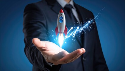 A businessman's hand holds a rocket soaring upwards, symbolizing business growth and success