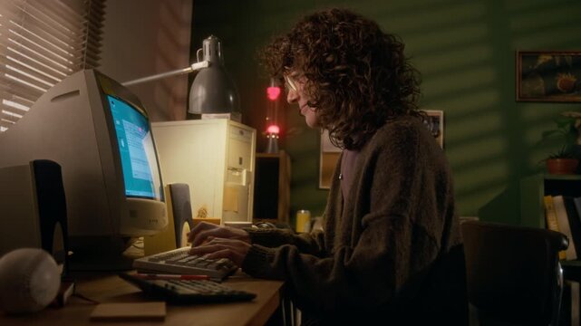 Medium side shot of cheerful young Caucasian woman with curly hair, glasses sitting at desk at home, chatting to friend on instant messenger on vintage computer in 1990s, laughing at reply