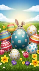 easter eggs in grass and a bunny