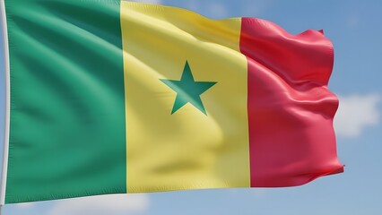 Waving flag of Senegal against blue sky