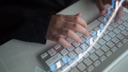 Close-up view of hands typing on a keyboard, overlaid with a financial growth graph, illustrating the concept of data analysis and digital business strategies. Copula - Powered by Adobe