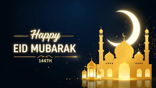 Golden Mosque and Crescent Moon Eid Mubarak Celebration.