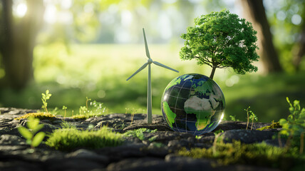 A shining Earth globe with a green tree and a wind turbine on a mossy forest floor under soft sunlight representing environmental care
