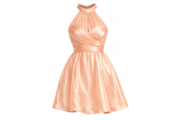 Peach satin cocktail dress featuring a chic halter neckline, short formal wear for special events and parties