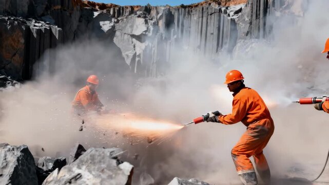 Medium shot of industrial workers safely detonating explosives in basalt rock quarry capturing dynamic blast effects and rugged terrain.