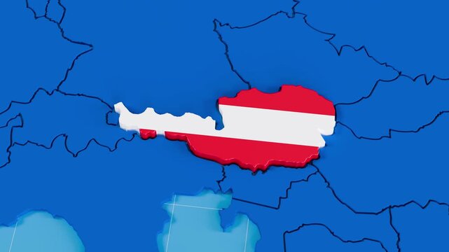 3D animation of Austria highlighted on Europe map with flag colors.