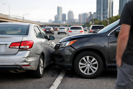 Minor T-Bone Car Accident on Busy City Highway with Heavy Traffic