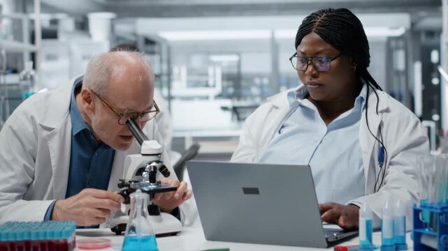 Pathologist examining biopsy slide while coworker documents diagnostic findings on laptop. Medical specialists working together to identify disease markers in clinical lab using notebook, camera B