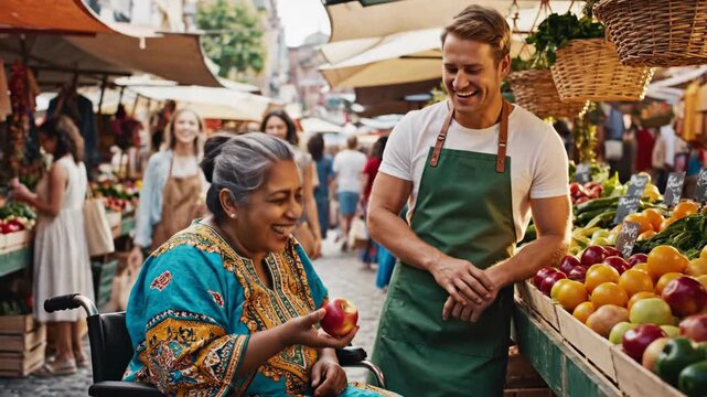 Senior woman in wheelchair smiling while buying fresh apples from a male vendor at an outdoor market stall