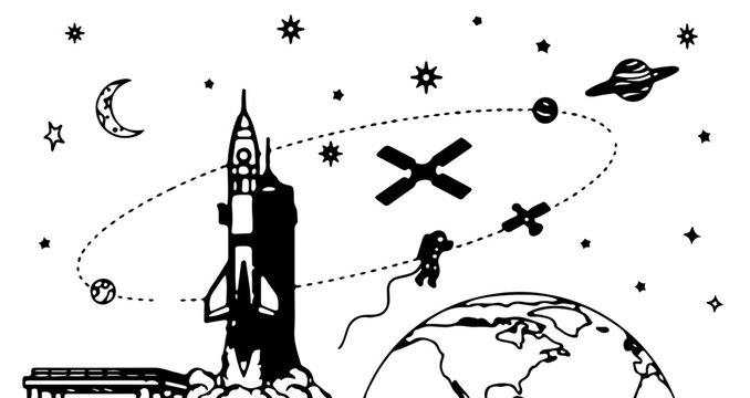 A black and white vector illustration of a rocket launching into space with planets and stars