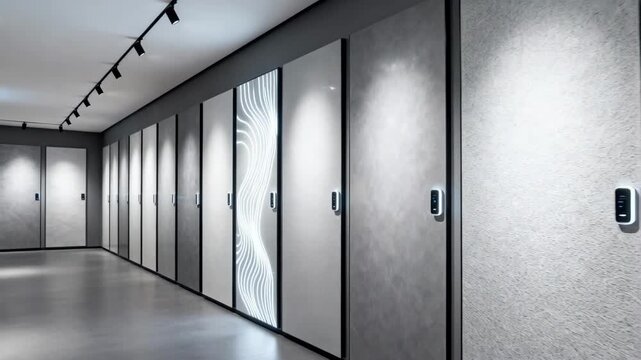 Medium shot of smart walls embedded with sensors reacting to touch and movement in a modern material showroom