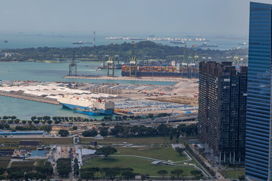 View of Shipyards in Singapore, Part of Worldwide Supply Chain, from the Top of a Highrise Building