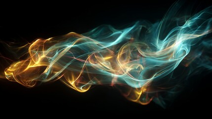 Obraz premium Vibrant, swirling clouds of blue and orange smoke abstractly flowing across a dark background in a mesmerizing, dreamlike, surrealistic artistic style, conveying energy and movement.