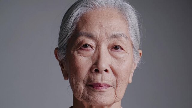 Close up portrait of a senior asian woman with grey hair and wrinkles. Her expression slowly changes from neutral to a gentle smile
