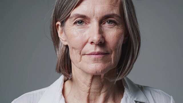 Close up portrait of a senior woman with grey hair looking into the camera. Her face is morphing and distorting with a digital glitch effect