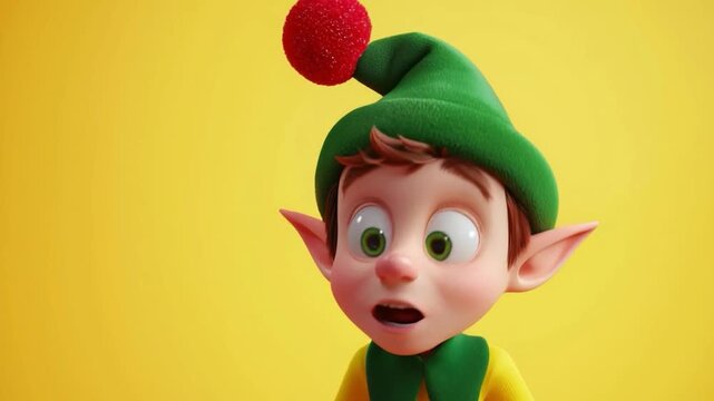 Adorable 3d animated elf character on a bright yellow background. The cute fairytale figure displays a range of funny facial expressions