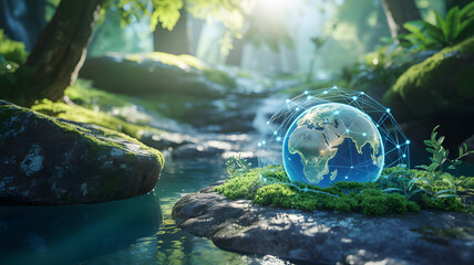 A vibrant glowing Earth globe encapsulated in a blue digital network rests upon a mossy rock beside a tranquil stream in a sunlit lush green forest en