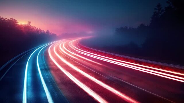 Abstract highway at dusk neon lights streak across curved road