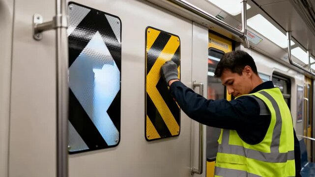Medium shot of a technician installing reflective safety signs inside a passenger train focusing on enhanced visibility and durability against wear.