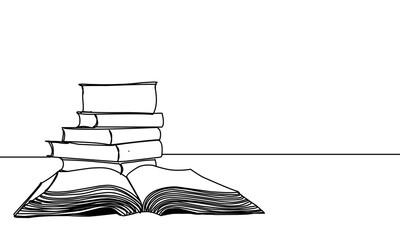 One continuous line banner of openflying books. Education and knowledge library concept in simple line style. Doodle vector illustration