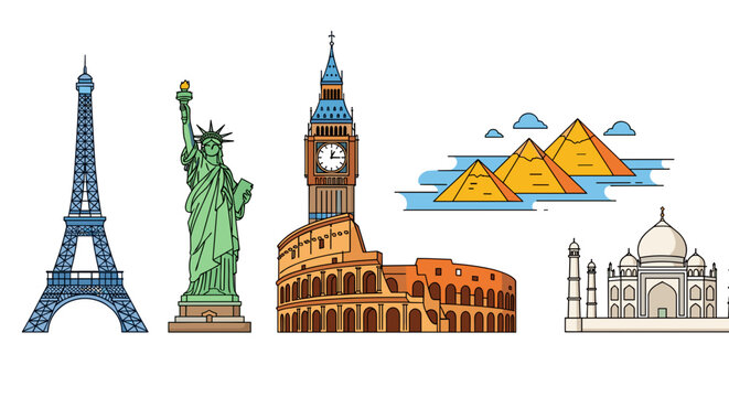 Collection of famous landmarks from around the world in a row