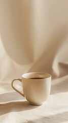 Fototapeta premium minimalist aesthetic photo of coffee cup on neutral background, warm pastel color palette in white, ivory and beige tones