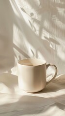 Fototapeta premium minimalist aesthetic photo of coffee cup on neutral background, warm pastel color palette in white, ivory and beige tones