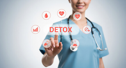 Nurse touching a digital screen with the word DETOX and medical icons