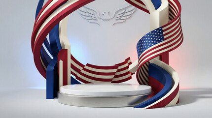 Stage decorated with USA and Russian flags in patriotic celebration and honor of national day or event