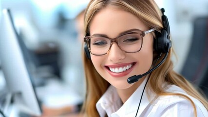 Empathy in Communication: A focused professional, wearing glasses and a headset, delivers attentive and friendly customer service with a warm, genuine smile.